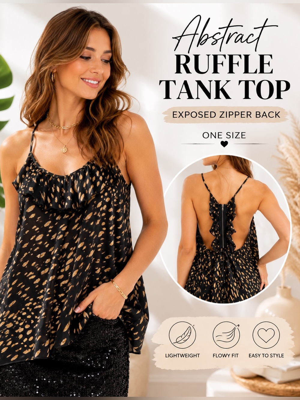 Black Tan Ruffle Racerback Tank Top Flowy Camisole One Size - Picture 2 of 15